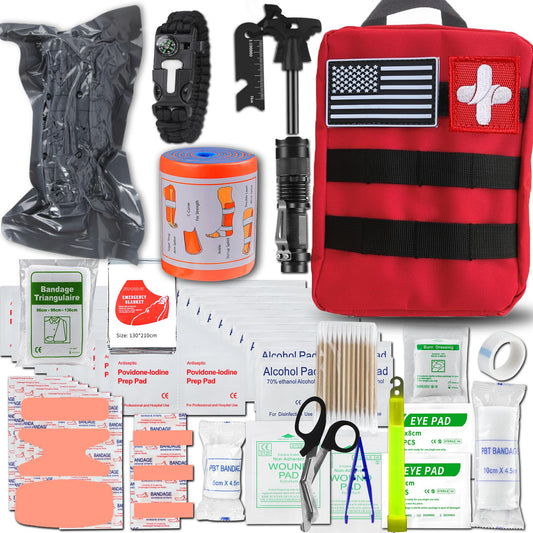 First Aid Kits with Tourniquet 36" Splint Bandage, Survival Gear and Equipment Multi-Purpose Emergency Bag Tool Kits, Survival First aid Kits Emergency kit for Outdoor Camping Hunting Car (Red)