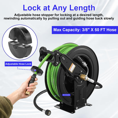 JOEJET Auto-Retractable Pressure Washer Hose Reel, 50FT x 3/8" Heavy Duty Steel Power Washer Hose Reel Dual Arm, 4000 PSI