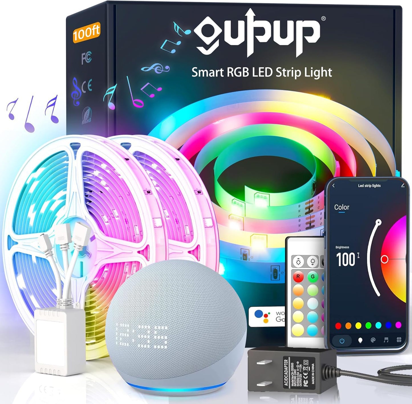 GUPUP Smart WiFi Led Lights 100 ft, Compatible with Alexa and Google Assistant Devices, Voice Control, Music Sync Color Changing Strip Lighting, App&Remote Controlled Indoor Light for Bedroom, Party