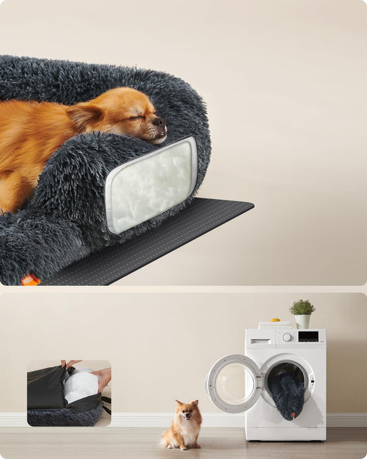 Feandrea FluffyHug Dog Sofa Bed, Pet Bed, Dog Sofa Cover, Calming Dog Bed, M, for Small and Medium Dogs, 80 x 75 x 16 cm, Dark Grey PGW221G02