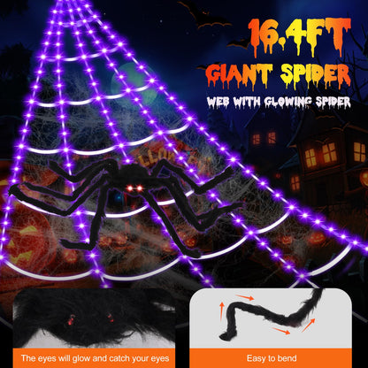 Eossth Spider Webs Halloween Decorations,16.4Ft 8Modes Super Bright 250LED Halloween Lights with Remote Control,49'' Giant Glowing Super-Realistic Spider,Halloween Decorations for Yard,Outside