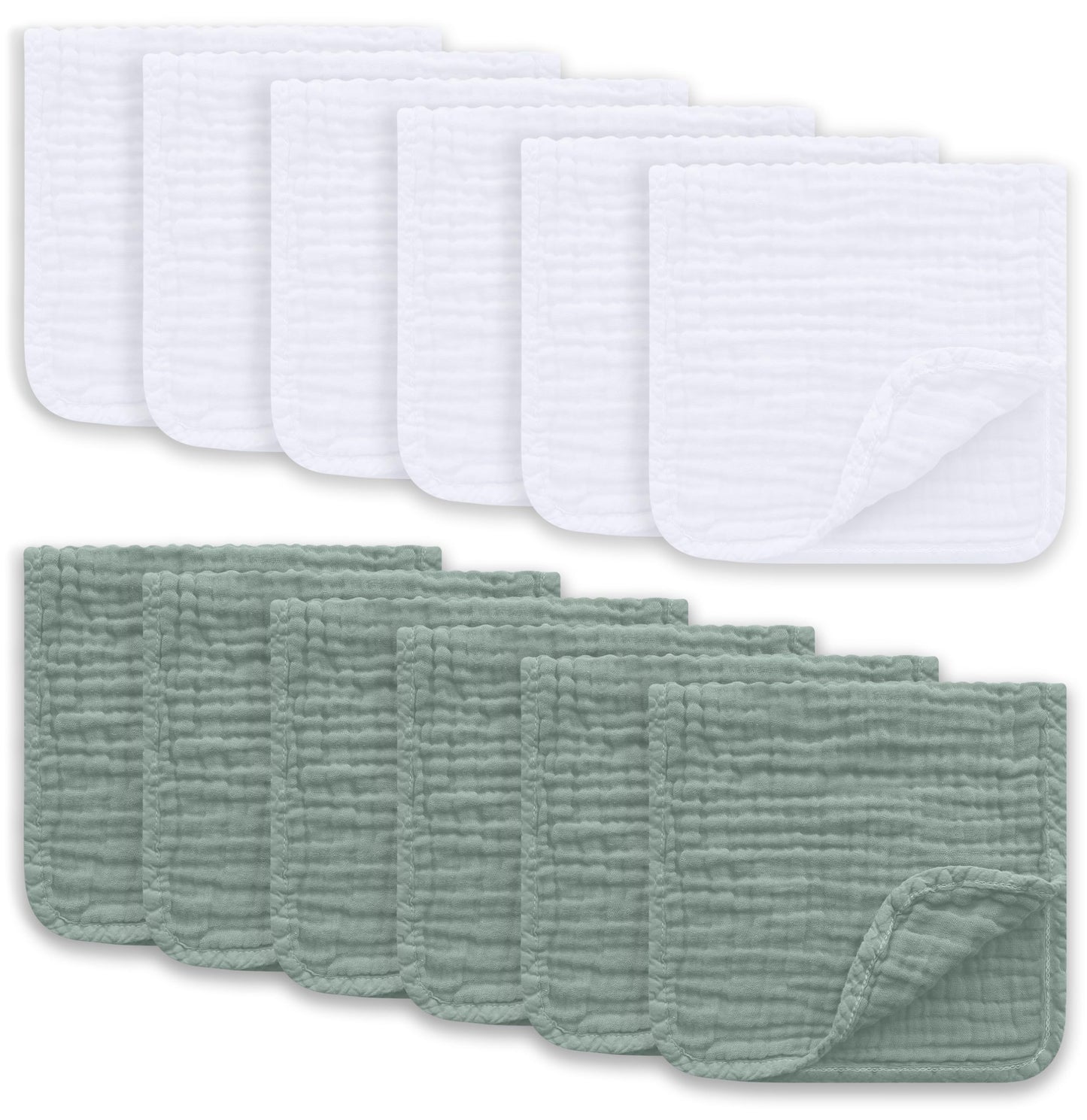 Ease Cubs Muslin Burp Cloths Large 100% Cotton Hand Washcloths for Boys & Girls, Baby Essentials Extra Absorbent and Soft Burping Rags for Newborn Registry (White & Green, 12-Pack, 20" X10")