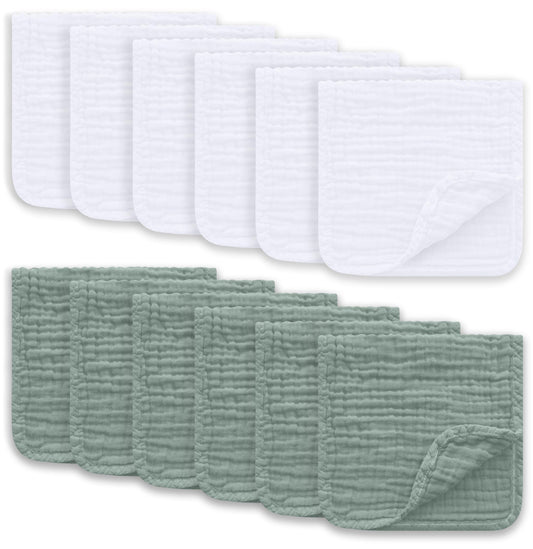 Ease Cubs Muslin Burp Cloths Large 100% Cotton Hand Washcloths for Boys & Girls, Baby Essentials Extra Absorbent and Soft Burping Rags for Newborn Registry (White & Green, 12-Pack, 20" X10")