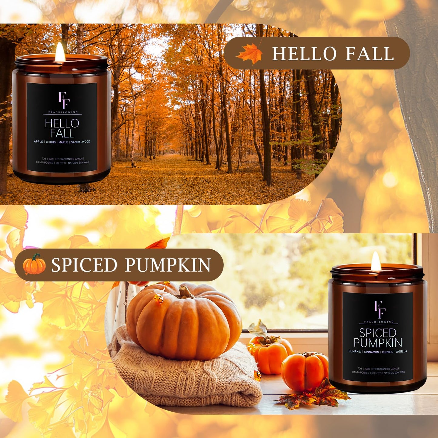 Fall Candles Set, 4 Pack Candles for Home Scented Natural Soy Wax, Autumn Gifts Set for Women Men, Fall Fragrance of Spice/Vanilla Cupcake/Apple Wreath/Hello Fall