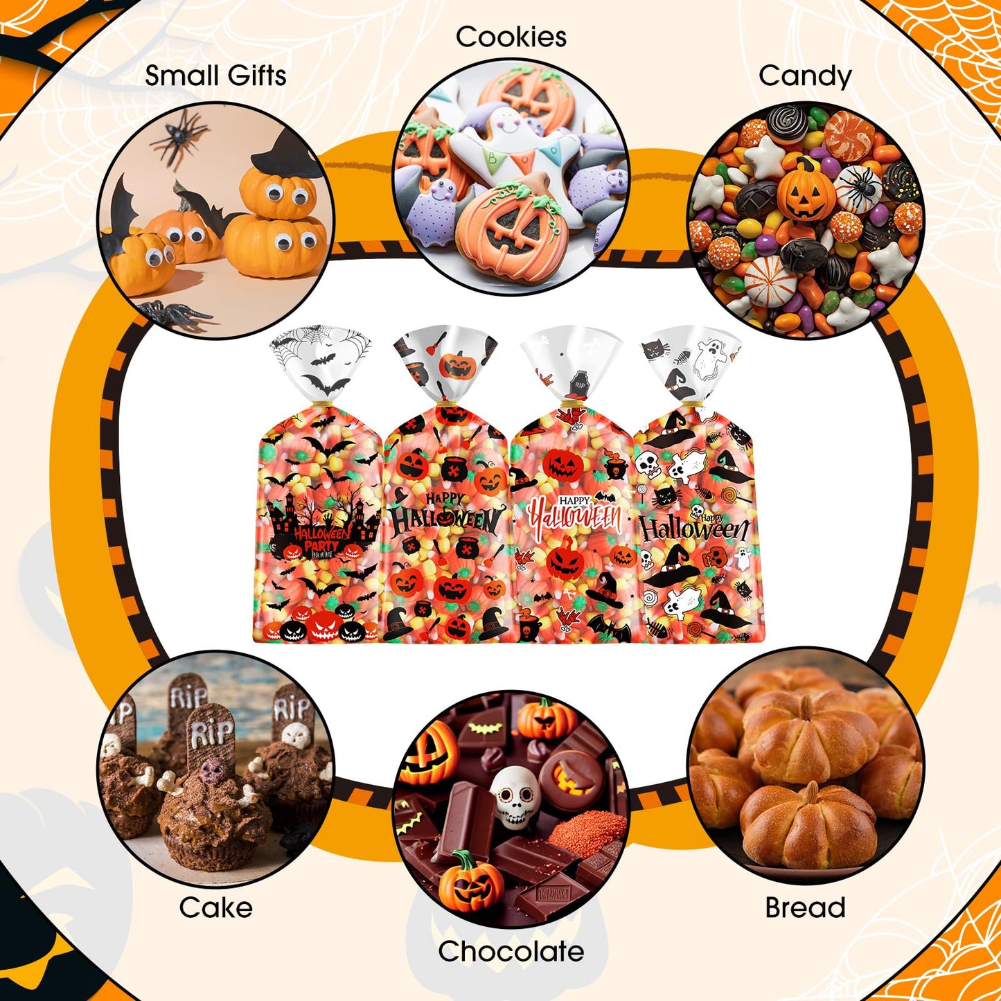 100 Pcs Halloween Treat Bags - Happy Halloweens Goodie Bag, Plastic Halloween Pumpkin Cellophane Bag Bulk, Clear Gift Goody Candy Bags with Twist Ties for Halloweens Party Supplies Favors Decorations