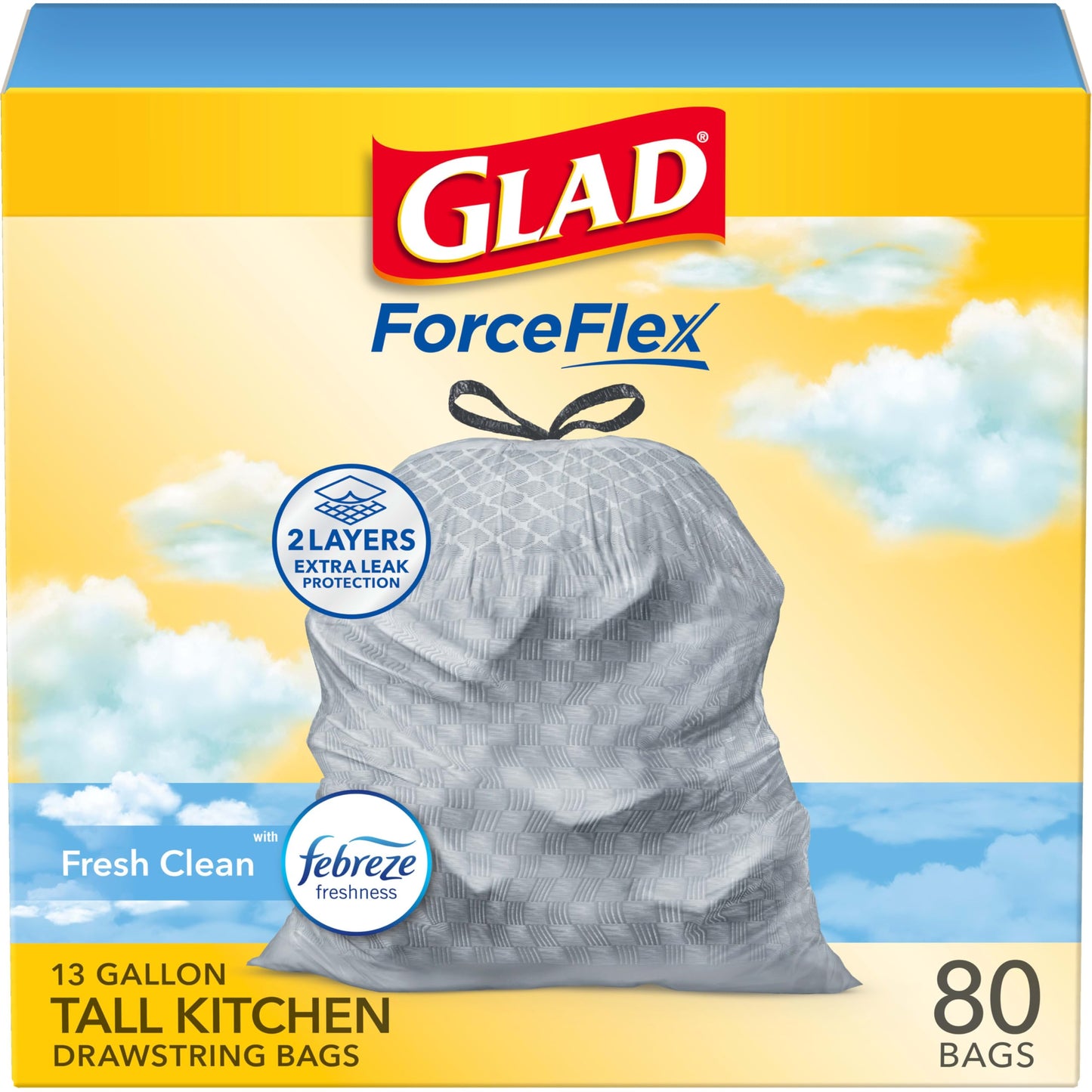 Glad ForceFlex Tall Kitchen Trash Bags, 13 Gallon, Fresh Clean, 80 Count (Package May Vary)