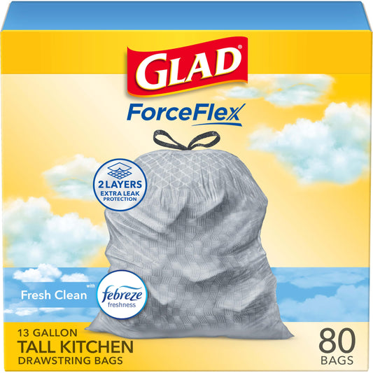 Glad ForceFlex Tall Kitchen Trash Bags, 13 Gallon, Fresh Clean, 80 Count (Package May Vary)