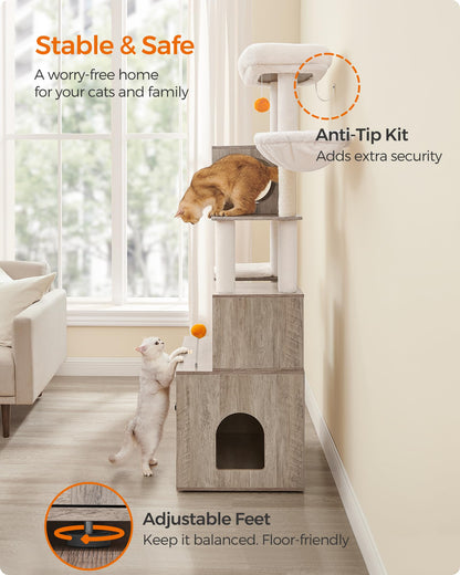 Feandrea Cat Tree with Litter Box Enclosure, 2-in-1 Modern Cat Tower, 70.8-Inch Tall Cat Condo with Scratching Posts, Perch, Caves, Basket, Washable Cushions, Heather Greige UPCT116G01