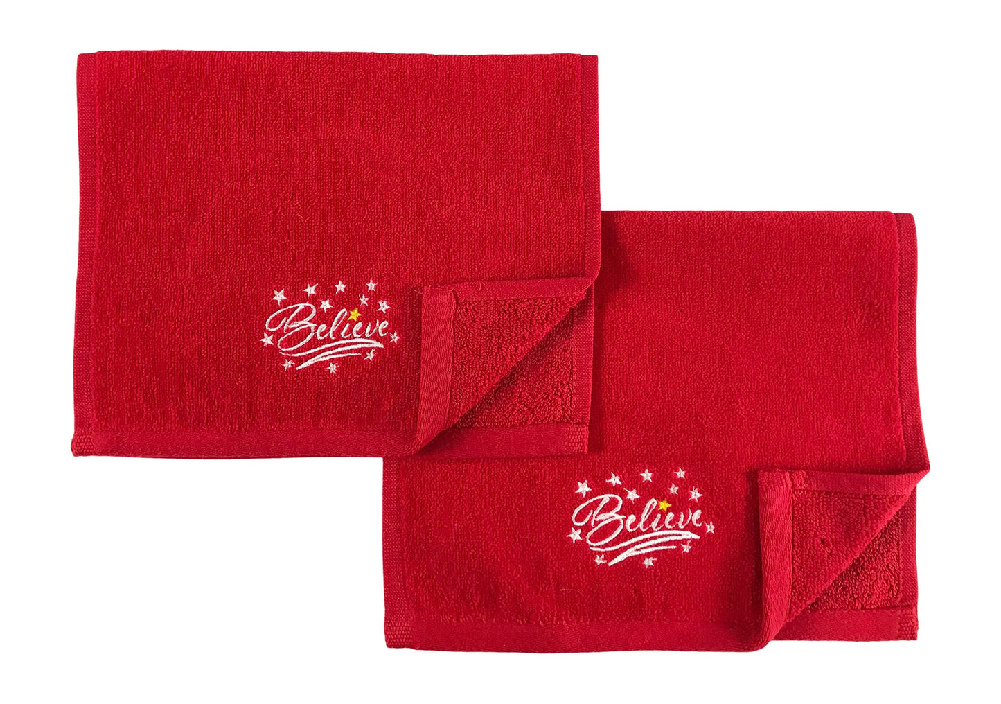 Decorative Christmas Theme Red Towel Set: Luxury Bathroom Fingertip Towels, Embroidered Believe Set of 2