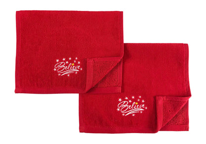 Decorative Christmas Theme Red Towel Set: Luxury Bathroom Fingertip Towels, Embroidered Believe Set of 2