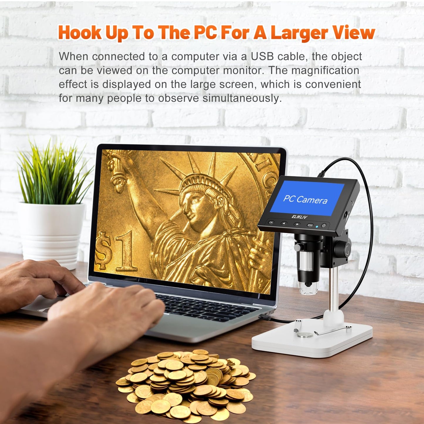 Elikliv Microscope, LCD Digital Coin Microscope 1000x, Coin Magnifier with 8 Adjustable LED Lights, PC View Compatible with Windows/MacBook, EDM4, 4.3-Inch
