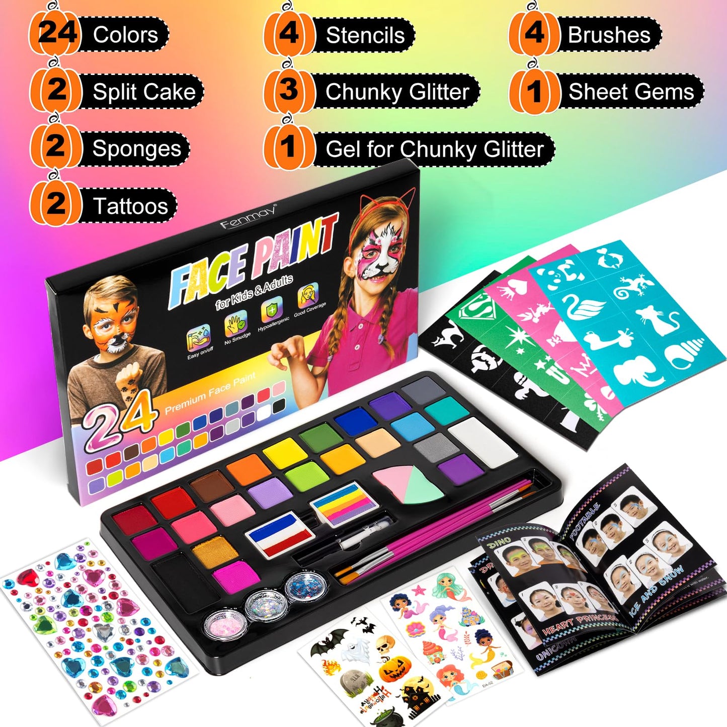 Fenmay Face Painting Kit for Kids, 24 Colors Washable Face Paint, Safe for Sensitive Skin, Non-Toxic Professional Face Painting Kit, Halloween Birthdays Makeup Set with Stencils, Guide Book