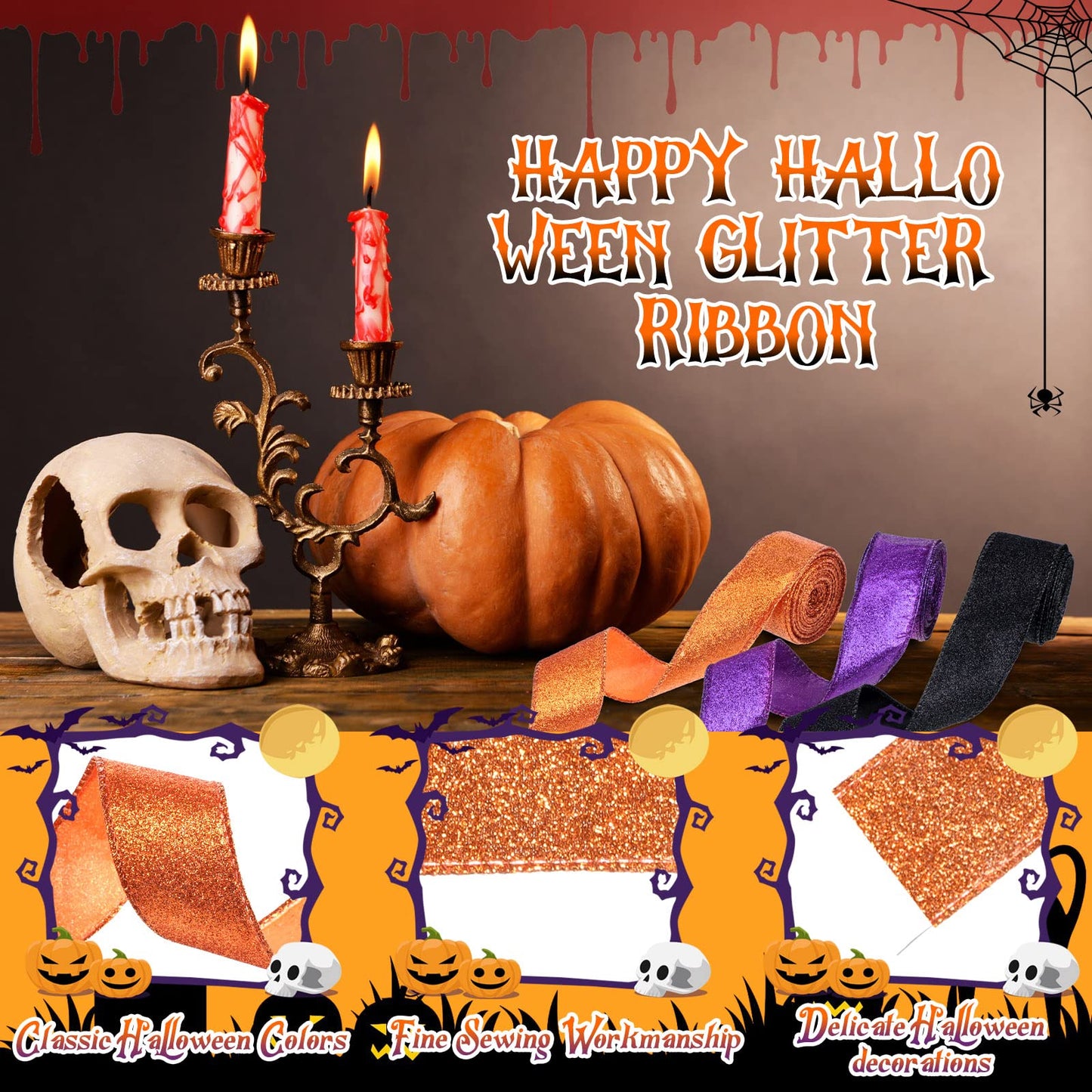 Juinte 3 Roll 30 Yards Halloween Glitter Wired Ribbon Halloween Party Favors Decor Gift Wrapping Ribbon for Craft Headband Bow Decor(1.5 Inch,Black, Orange, Purple)