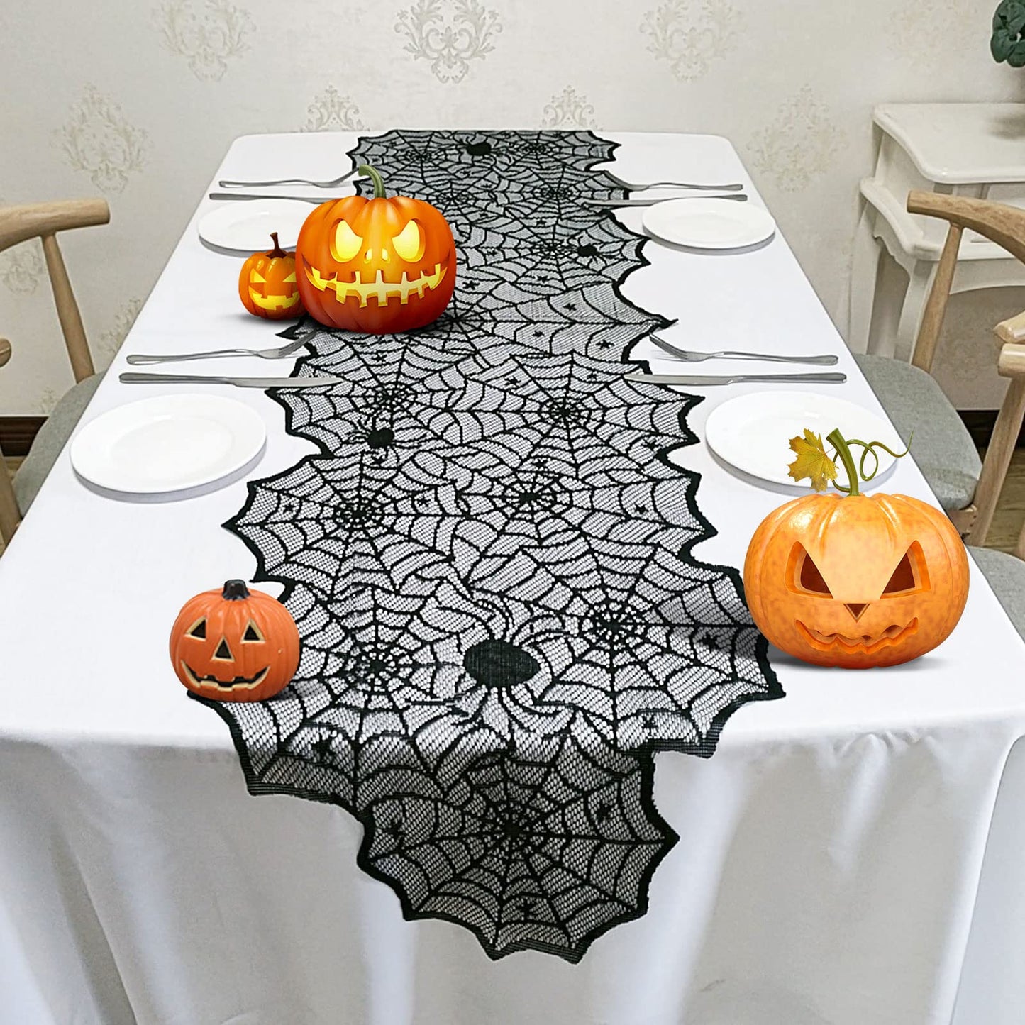 Halloween Table Runner - Black Lace Spider Web Table Runners for Halloween Decor,Vivid Polyester Spider Web Table Runner for Halloween Masquerade Party Dinner Table Decoration 18 X 72 Inch