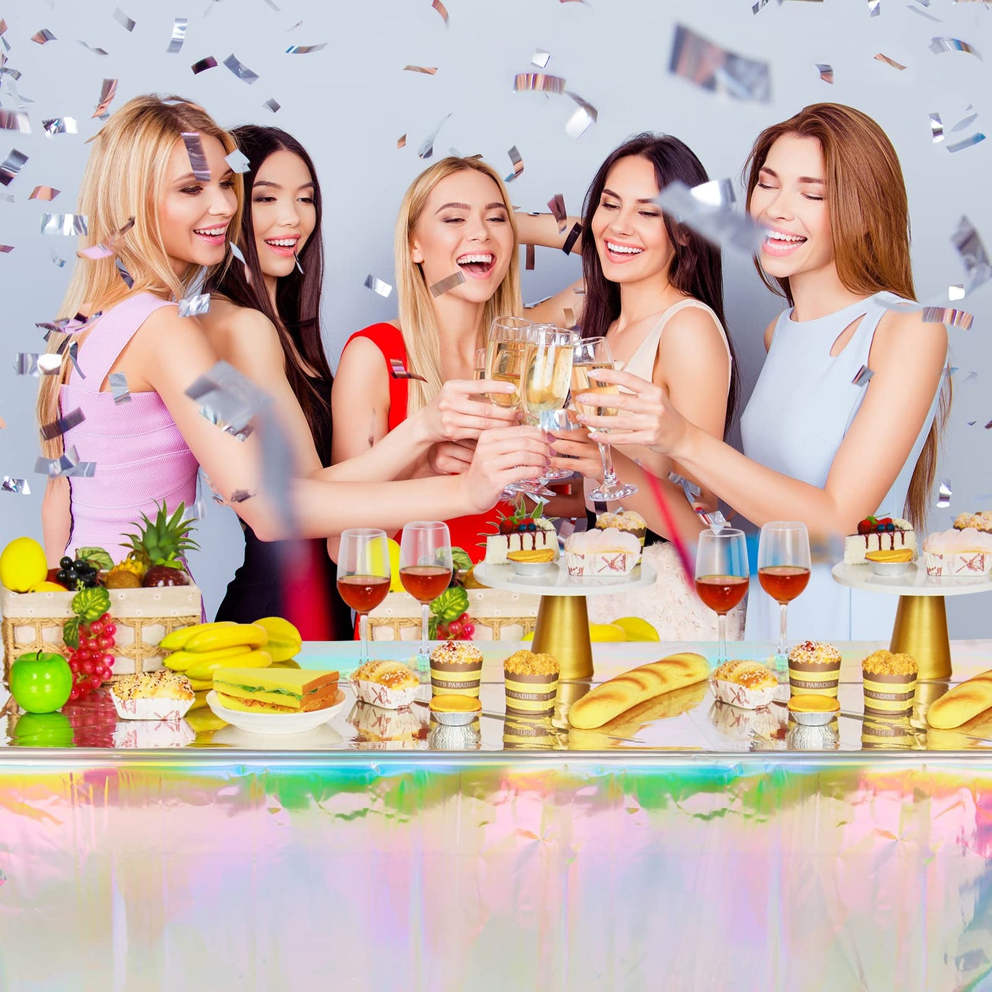 FunnyPars 4 Pack Iridescent Plastic Tablecloths Shiny Disposable Laser Rectangle Table Covers Holographic Foil Tablecloth Iridescent Party Decoration