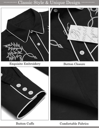 COOFANDY Mens Western Cowboy Shirt Embroidered Denim Long Sleeve Casual Button Down Shirt Black, Large