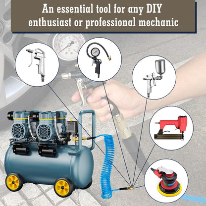 1/4 in x 50 ft Polyurethane Air Hose with Bend Restrictor, Air Compressor Hose with 1/4 Solid 100% Pure Copper Quick Connect Fittings and I/M Plug Kit, Coiled PU Air Hose 1/4", Blue