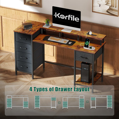 Korfile 47 Inch Computer Gaming Desk with Power Outlets LED Lights Reversible Home Office with Adjustable Fabric Storage Drawers for Working Writing Study, Rustic Brown