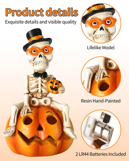 iStatue Halloween Decorations Indoor, 2-Pack Resin Black Cat & Skeleton on Pumpkin with Jack-o’-Lantern Lights Gift for Fireplace Tabletop Party Tiered Tray Decor (Skeleton & Cat)