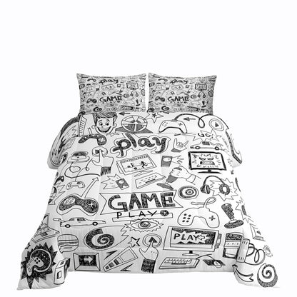 Erosebridal Gaming Comforter Set, Kids Gamepad Cartoon Bedding Set Video Games Gamers Duvet Set Queen Hip Hop Graffiti Quilt Set Racing Car Comforter Set, Black White Printed Bedroom Decor