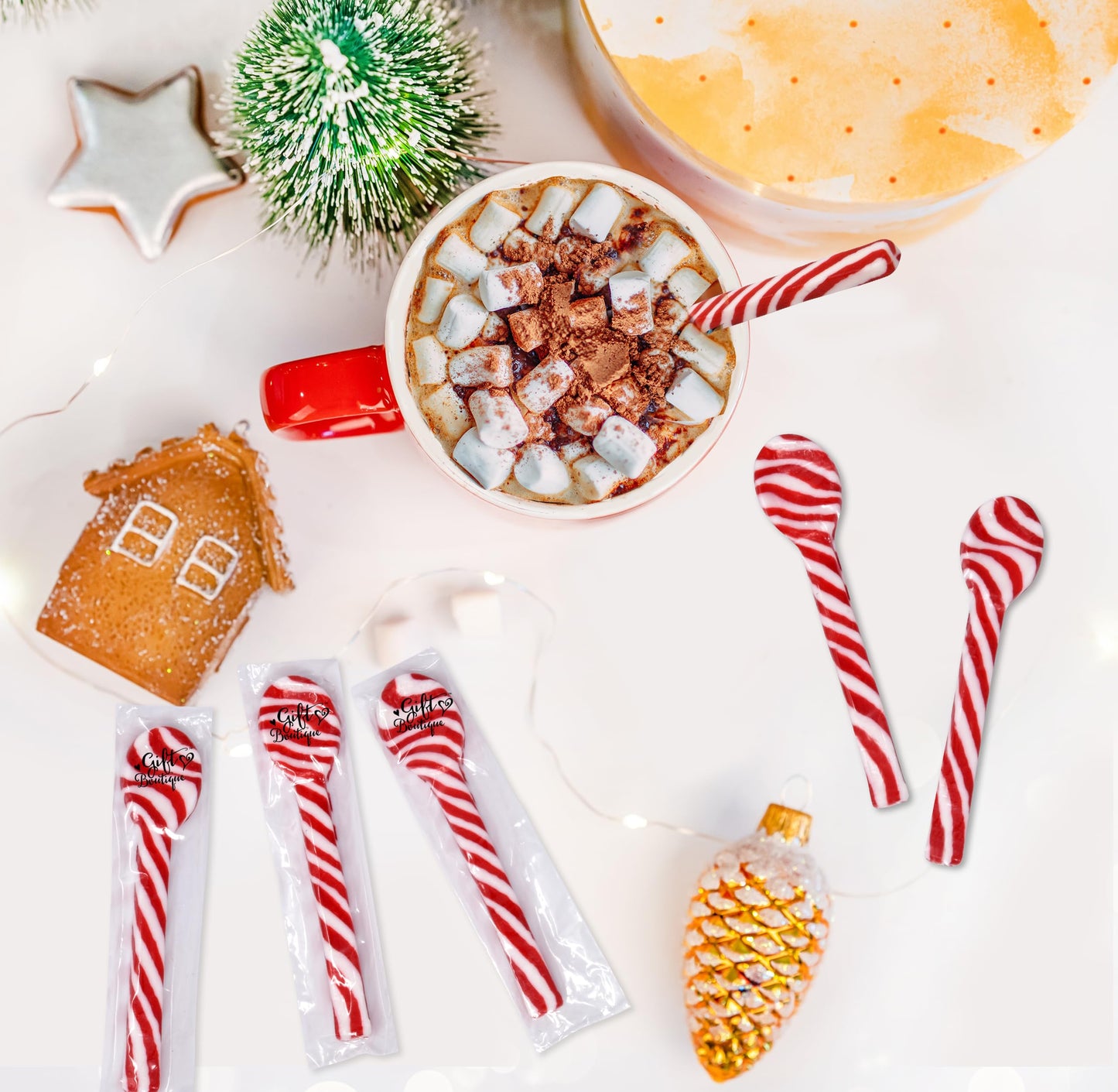 Gift Boutique Christmas Peppermint Candy Cane Spoons 24 Pack Edible Mint Candies Spoon Individually Wrapped for Stirring Beverages Cocoa Tea Coffee Cocktails, Stocking Fillers Holiday Party Favor Gift
