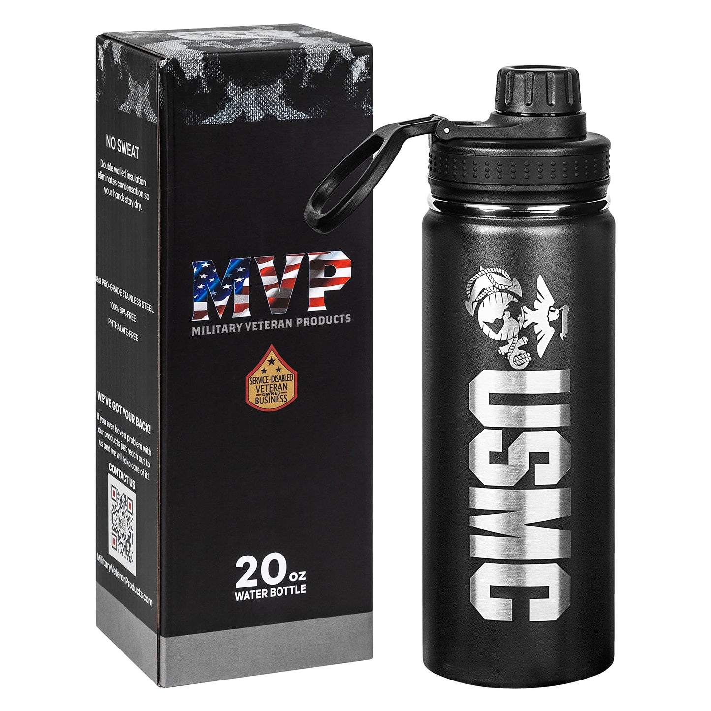 USMC 20oz Water Bottle | Marine Corps Double Wall Vacuum Insulated Stainless Steel | Disabled Vet Owned Business | USMC 20oz Water Bottle