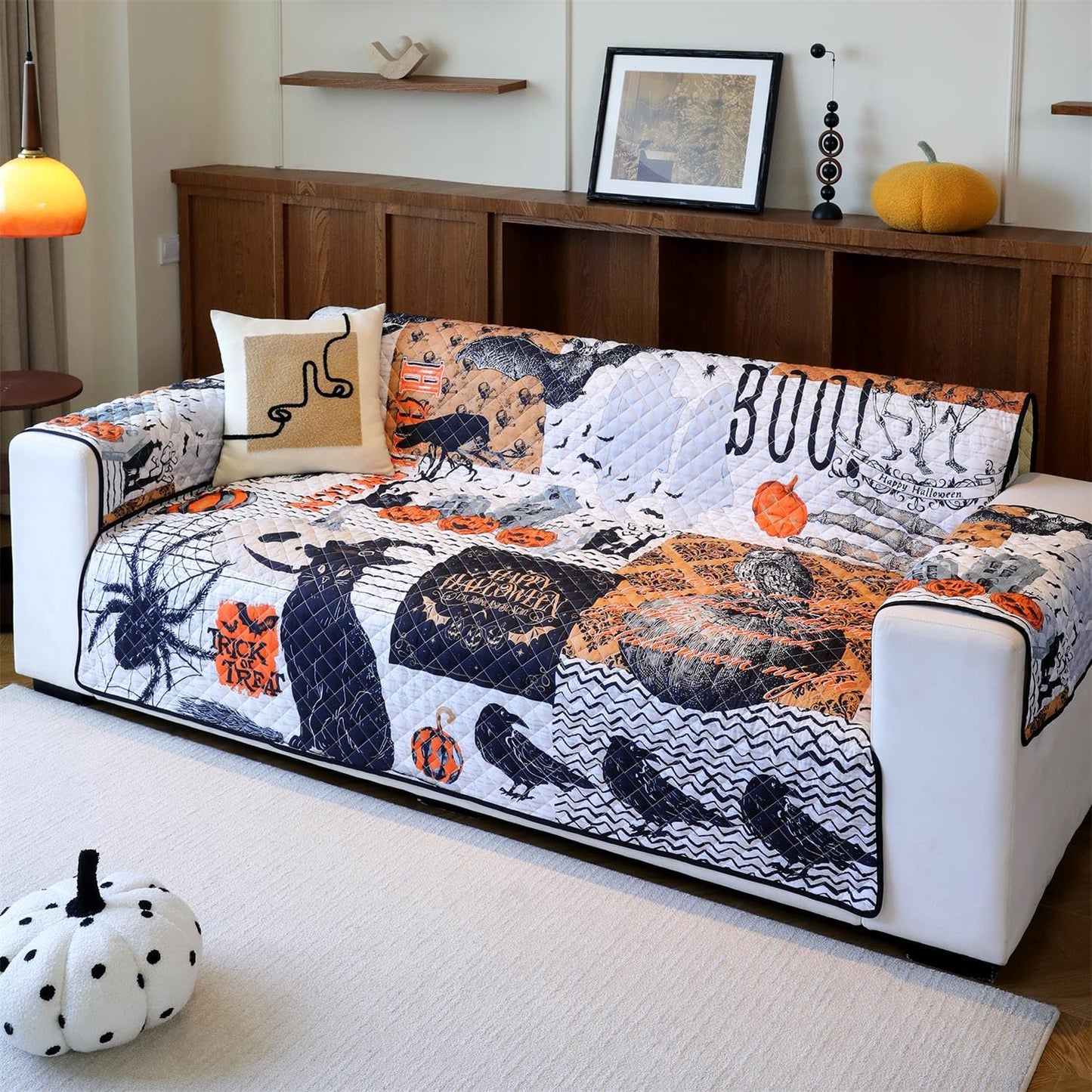 Cmfshape Halloween Skidproof Sofa Cover-Festival Sofa Slipcover with Elastic Straps-Easy Fit Slip Cover-Patchwork Washable Furniture Protector for Pets and Kids(Sofa,Black&Orange)