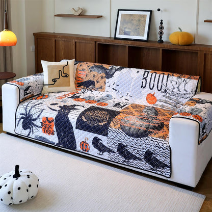 Cmfshape Halloween Skidproof Sofa Cover-Festival Sofa Slipcover with Elastic Straps-Easy Fit Slip Cover-Patchwork Washable Furniture Protector for Pets and Kids(Sofa,Black&Orange)