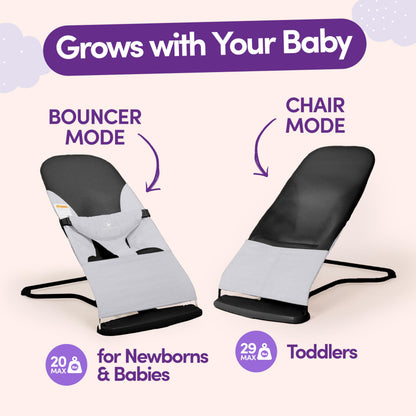 ComfyBumpy Ergonomic Baby Bouncer Seat - Bonus Travel Carry Case - Safe, Portable Bouncing Chair with Adjustable Height Positions - Infant Bouncy Seat Perfect for Newborn Babies (Grey)