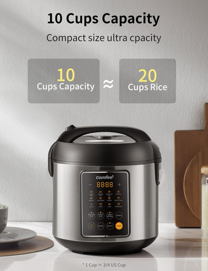 COMFEE' Rice Cooker, 14-in-1 Stainless Steel Multi Cooker, Slow Cooker, Steamer, Sauté, and Warmer, 5.3 QT, 20 Cups Cooked (10 Cups Uncooked), Brown Rice, Quinoa and Oatmeal