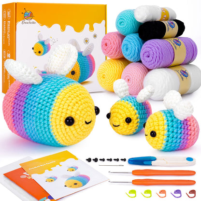 Crochetta Crochet Kit for Beginners - Starter Kit with Video Tutorials for Adults & Kids, Knitting Kit with 3 Bee Family (40%+ Yarn)