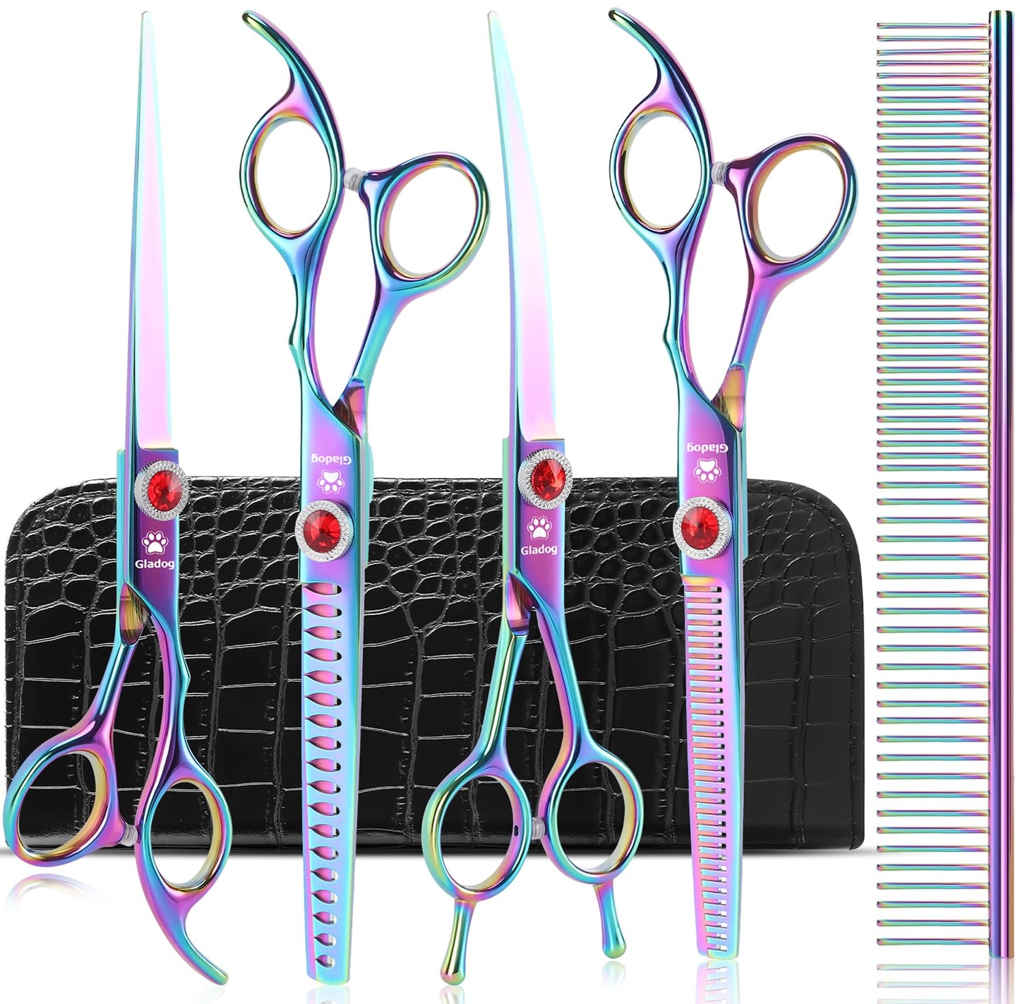 GLADOG 7 Inch Professional Dog Grooming Scissors Kit, Titanium Dog Scissors for Grooming, Heavy-Duty Dog Shears for Grooming, 6-in-1 Pet Grooming Scissors for Dogs (Pro Rainbow)