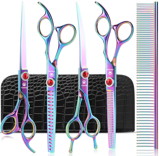 GLADOG 7 Inch Professional Dog Grooming Scissors Kit, Titanium Dog Scissors for Grooming, Heavy-Duty Dog Shears for Grooming, 6-in-1 Pet Grooming Scissors for Dogs (Pro Rainbow)