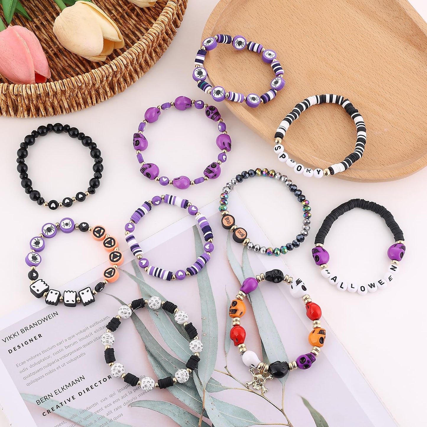 Cooluckday 10 Pcs Stackable Bracelet Set - Halloween Bracelets with Pumpkin, Spider, Ghost Charms - Stretch Bracelets for Women - BOO Happy