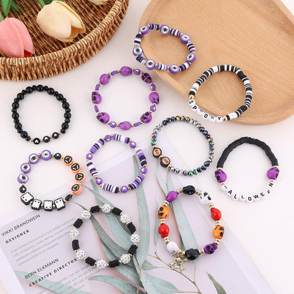 Cooluckday 10 Pcs Stackable Bracelet Set - Halloween Bracelets with Pumpkin, Spider, Ghost Charms - Stretch Bracelets for Women - BOO Happy