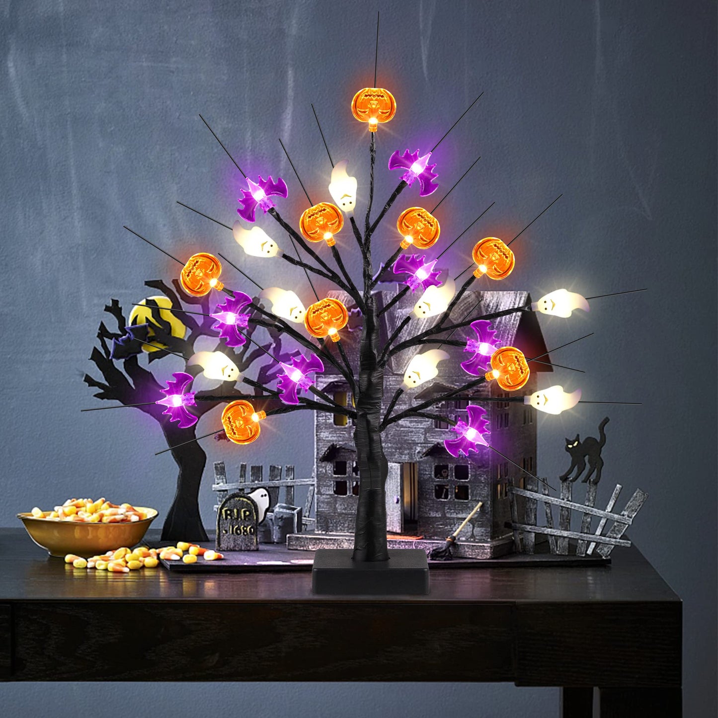 18 Inch Black Halloween Tree Light with 24 LED Pumpkin Bat Ghost Lights, Timer/USB/Battery Operated Halloween Lights Halloween Decorations Indoor Outdoor for Home Table Mantle Halloween Party Decor