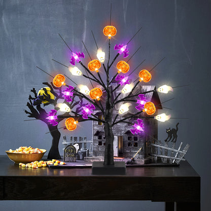 18 Inch Black Halloween Tree Light with 24 LED Pumpkin Bat Ghost Lights, Timer/USB/Battery Operated Halloween Lights Halloween Decorations Indoor Outdoor for Home Table Mantle Halloween Party Decor