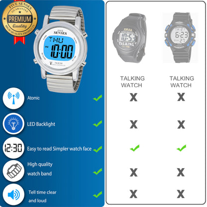 FIVE SENSES Atomic! Talking Watch - Sets Itself Senses Metal Easy-to-Read Talking Watch (Silver)