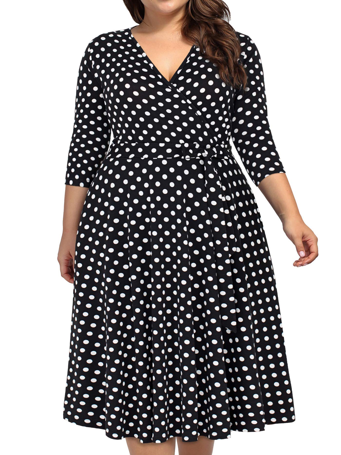 kissmay Plus Size Polka Dot Dress for Women, Plus Size 3/4 Sleeves Fall Halloween Dresses for Women 2025 Wedding Guest Evening Holiday Black Dot 18W