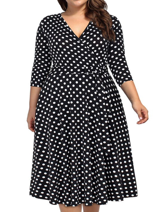 kissmay Plus Size Polka Dot Dress for Women, Plus Size 3/4 Sleeves Fall Halloween Dresses for Women 2025 Wedding Guest Evening Holiday Black Dot 18W