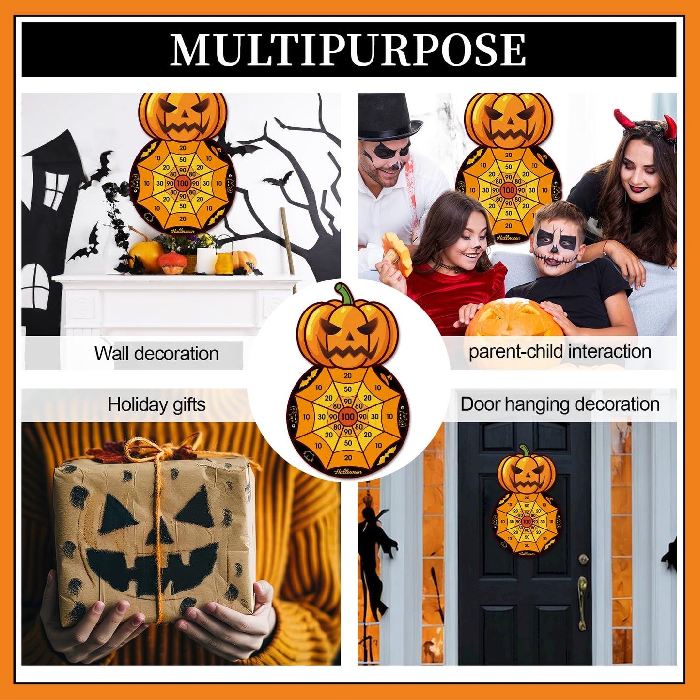 Halloween Party Games, Pumpkin Bat Black Cat Skeleton Witch Hat Dart Board with 12 Sticky Balls, Halloween Activities,Trunk or Treat Games for Party,Halloween Party Supplies Indoor Outdoor Decorations