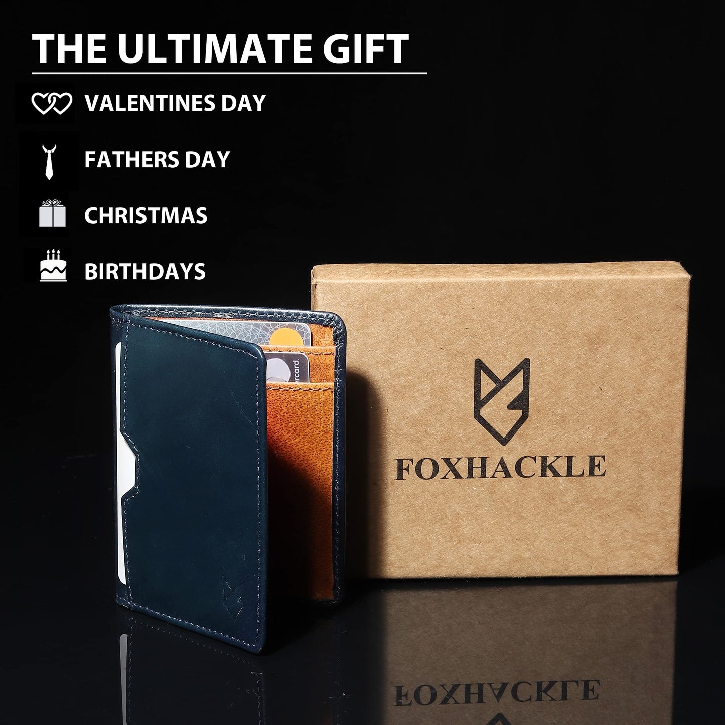 FOXHACKLE Leather Credit Card Holder for Men, Thin Bifold RFID Blocking Wallet, Slim Front Pocket Minimalist Wallet, Small Card Case (Blue Tan)