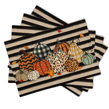Fall Placemats Set of 4, Autumn Place Mats 12x18 Inch Leopard Buffalo Plaid Pumpkin Heat Resistant Washable Tablemats for Farmhouse Kitchen Dining Thanksgiving Halloween Party