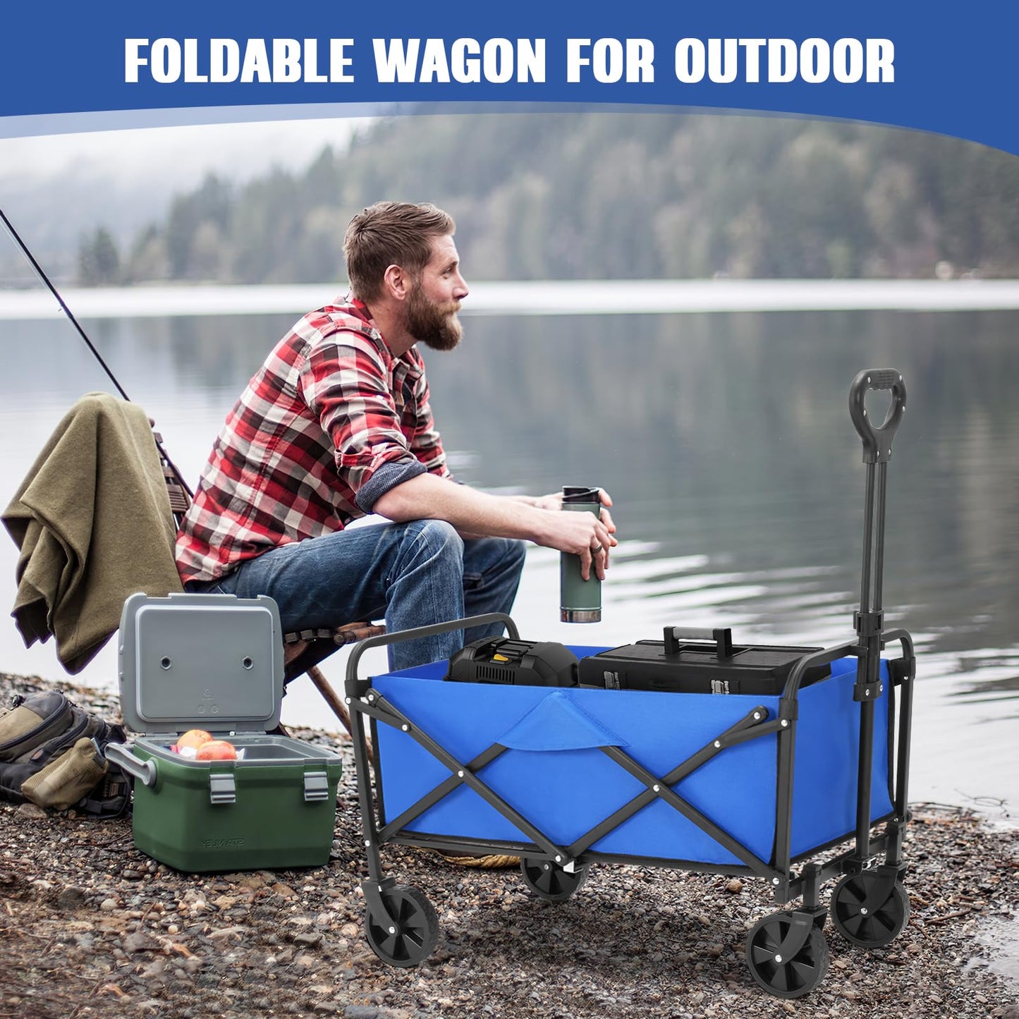 EVLIQUIL Collapsible Foldable Wagon,Wagons Carts Foldable with Wheels,Utility Grocery Folding Beach Wagon for Sand Garden Sports Shopping Outdoor(Lake Blue).