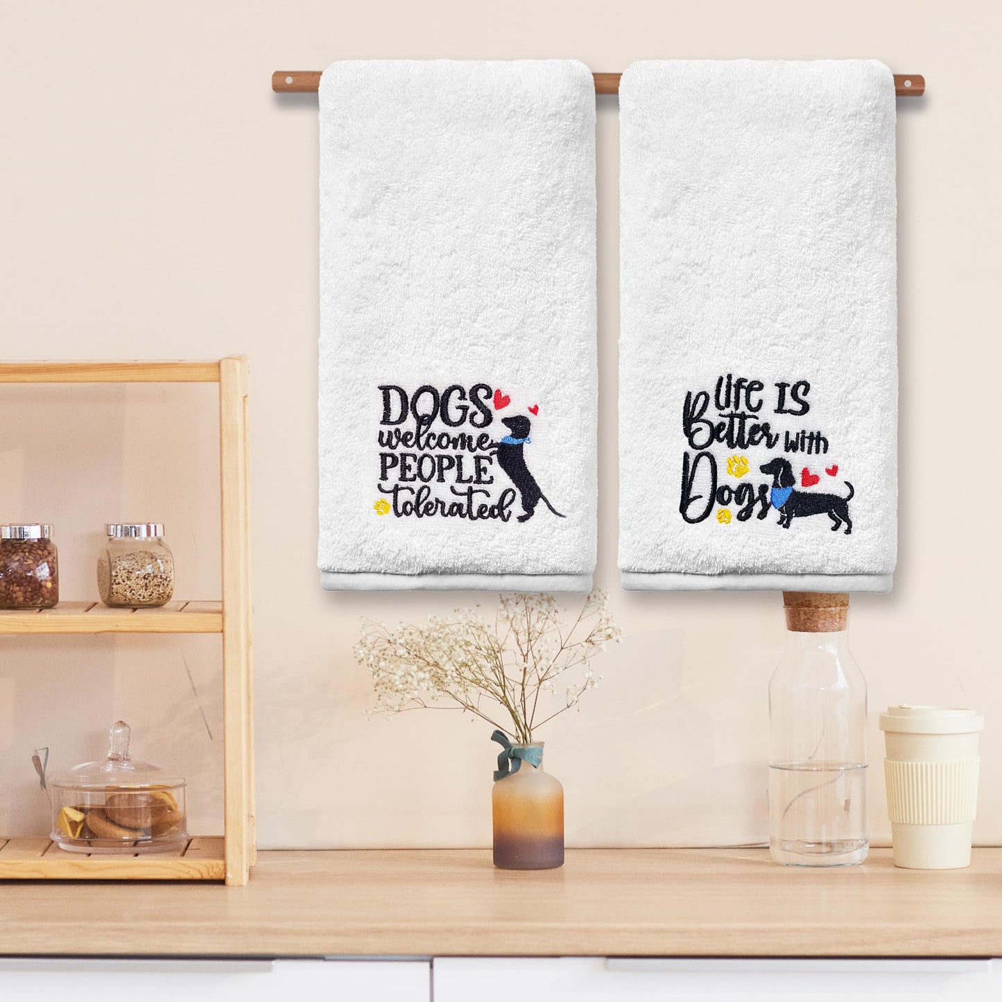 Dog Hand Towels for Bathroom Set of 2, Lover Gifts for Women Bathroom Decor Embroidered, Owners Mom Gifts Decorative New Home Tea Towels, 100% Cotton Soft for Kitchen 14x30 Inches