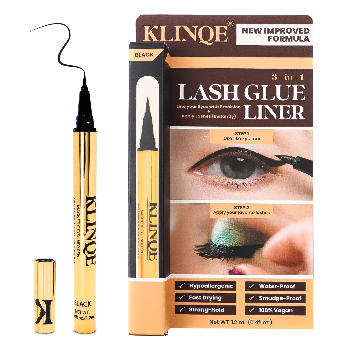 KLINQE Black Eyeliner Eyelash Glue Liner, Latex Free Lash Adhesive, Strong Hold, Glue Pen For Strip Lash, Magnetic Eyelashes, Smudge Proof, Eye Jewelry
