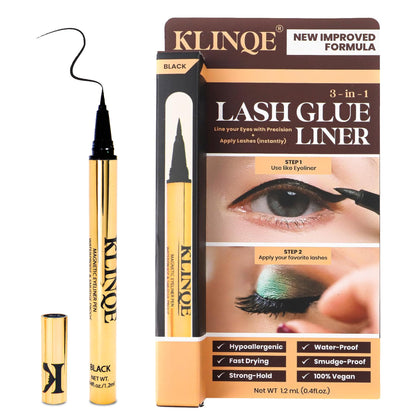 KLINQE Black Eyeliner Eyelash Glue Liner, Latex Free Lash Adhesive, Strong Hold, Glue Pen For Strip Lash, Magnetic Eyelashes, Smudge Proof, Eye Jewelry
