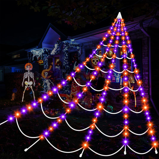 Halloween Decorations Spider Webs Lights: 200 Purple & Orange LED Halloween Lights Decor Outdoor, 17.4Ft Giant Spiderweb with 8 Lighting Modes Waterproof & Timer, Halloween Yard Decorations Outside