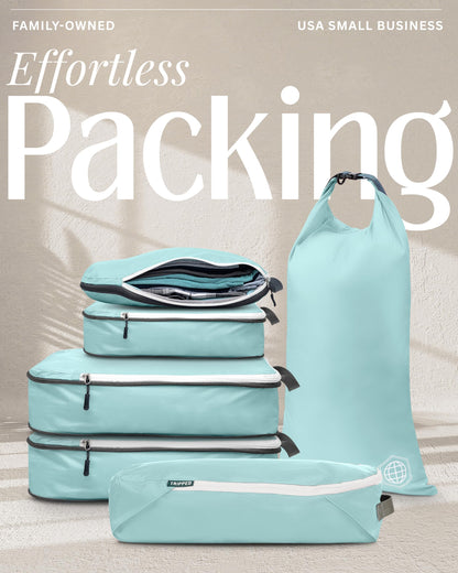 Compression Packing Cubes 6 Piece Set for Travel - Lightweight, Durable Clothes Organizer for Carry-On Luggage and Backpacks by TRIPPED Travel Gear (Dusty Teal and White)