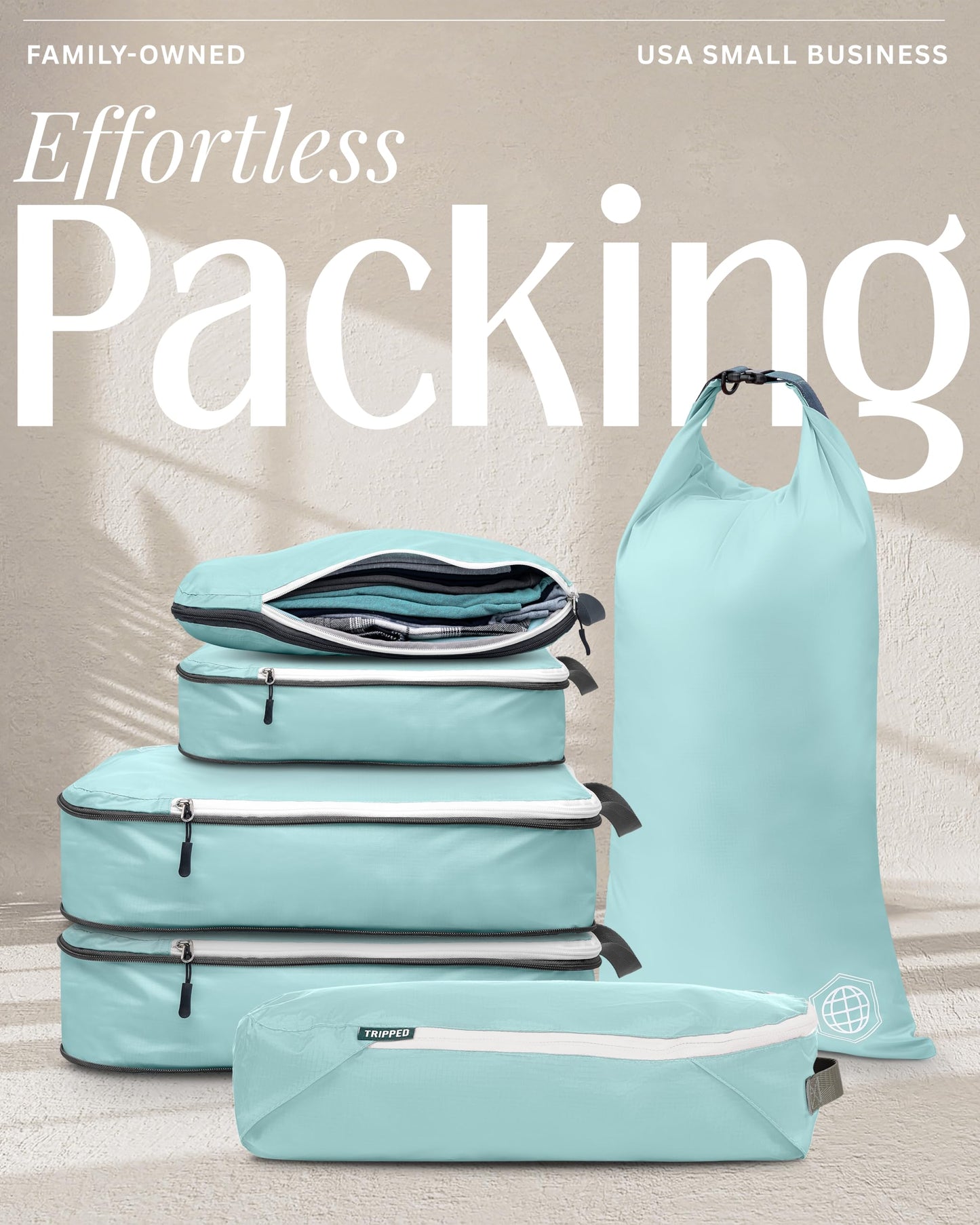 Compression Packing Cubes 6 Piece Set for Travel - Lightweight, Durable Clothes Organizer for Carry-On Luggage and Backpacks by TRIPPED Travel Gear (Dusty Teal and White)